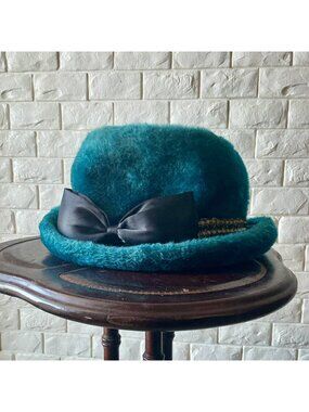 Vintage 1960s Duchess Italian Blue Faux Fur Bucket Hat + Ribbon Bow Applique